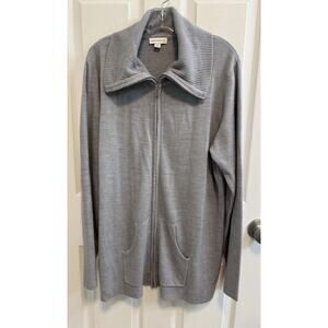 Susan Graver XL Long Sleeve Gray Full Zip Cardigan Ribbed Collar New
